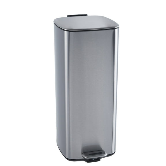 8 Gallon Kitchen Trash Can, Stainless Steel Garbage Can with Lid and Inner Bucket, Step-On Square Trash Bin for Home Office Bedroom Bathroom Laundry Room - Silver