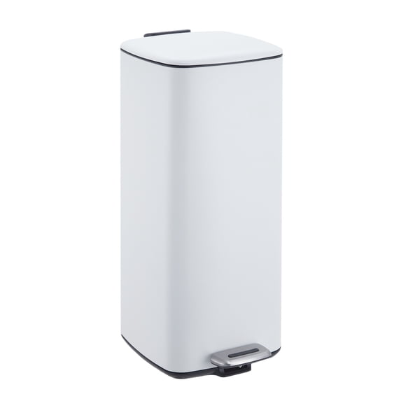 8 Gallon Kitchen Trash Can, Stainless Steel Garbage Can with Lid and Inner Bucket, Step-On Square Trash Bin for Home Office Bedroom Bathroom Laundry Room - White