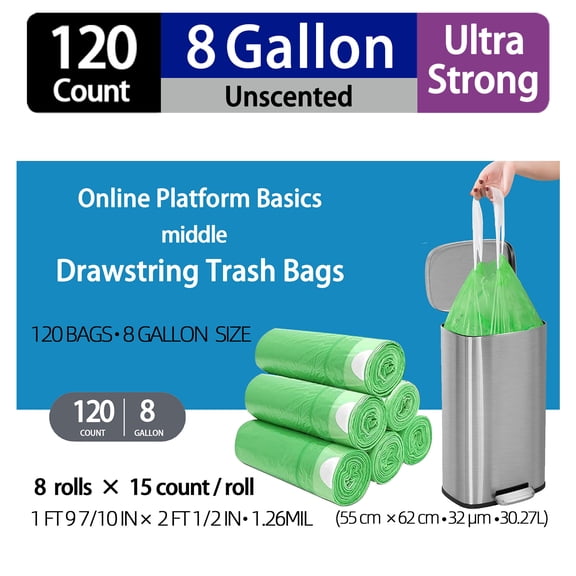 Trash Bags with Drawstring,8 Gallon,Unscented,Ultra Strong,120 Count