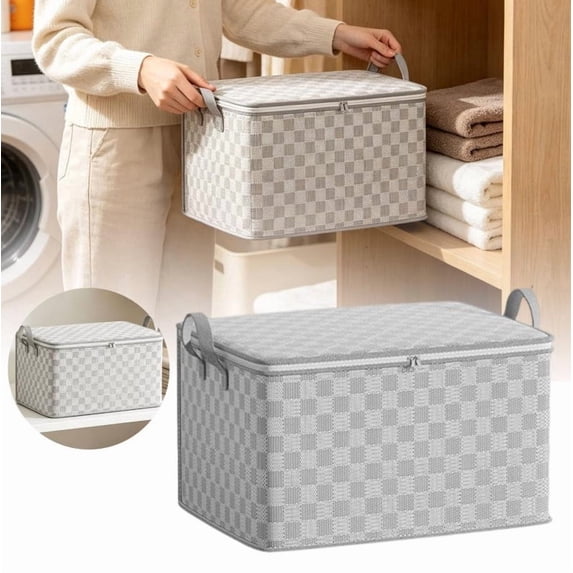 8 Gallon Small Grey Checkered Foldable Storage Bin Fabric Box with Handles Zipper for Closet Underwear Organizer