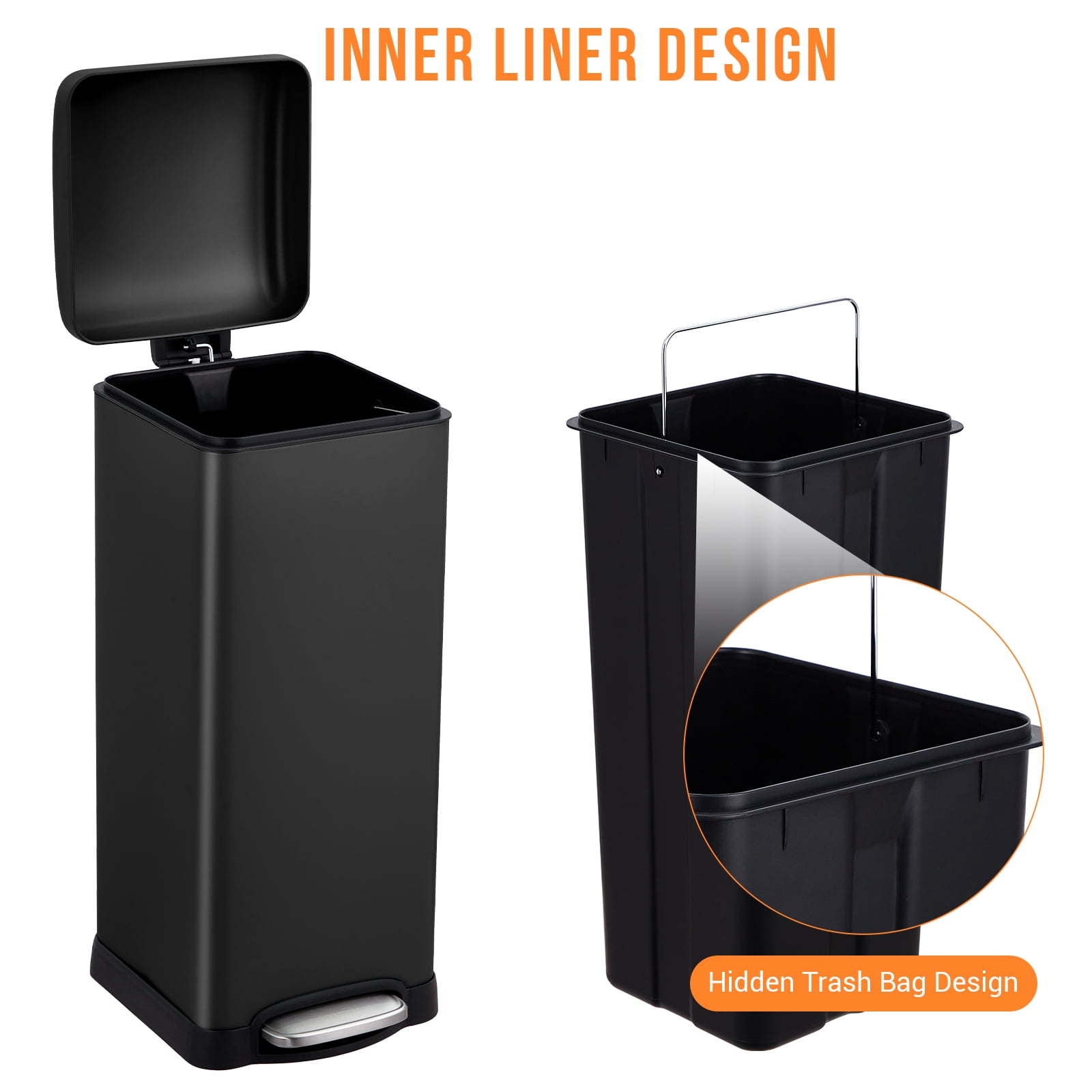 8 Gallon Stainless Steel Trash Can with Soft-Close Lid, Square Step-on ...