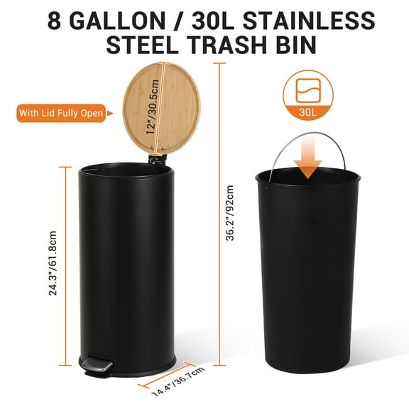 8 Gallon Stainless Steel Trash Can with Natural Bamboo Lid, Removable Inner Bucket for Kitchen, Bathroom, Living Room - Black