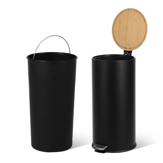 8 Gallon Step Trash Can with Soft-Close Bamboo Lid, Stainless Steel Garbage Can with Removable Inner Bucket, 30L Round Trash Bin, Perfect for Kitchen, Bathroom, Living Room, Black
