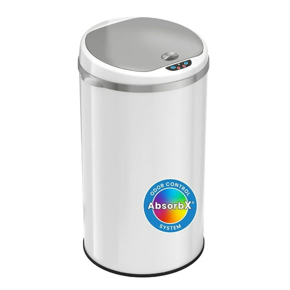 8 Gallon Touchless Sensor Trash Can with AbsorbX Odor Filter System, 30 Liter Round White Steel Garbage Bin, Perfect for Home, Kitchen, Office Pearl White