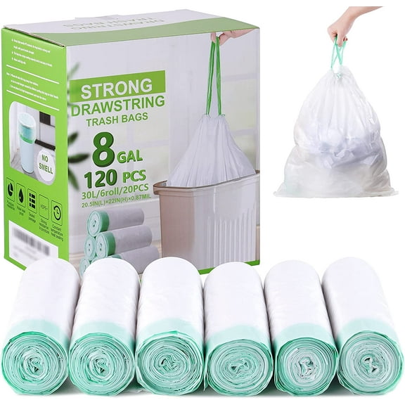 8 Gallon Trash Bag 120 Count, Unscented Strong Drawstring Garbage Bag Fit 30 Litter Trash Can, for Kitchen, Bathroom, Bedroom, Office (Green)