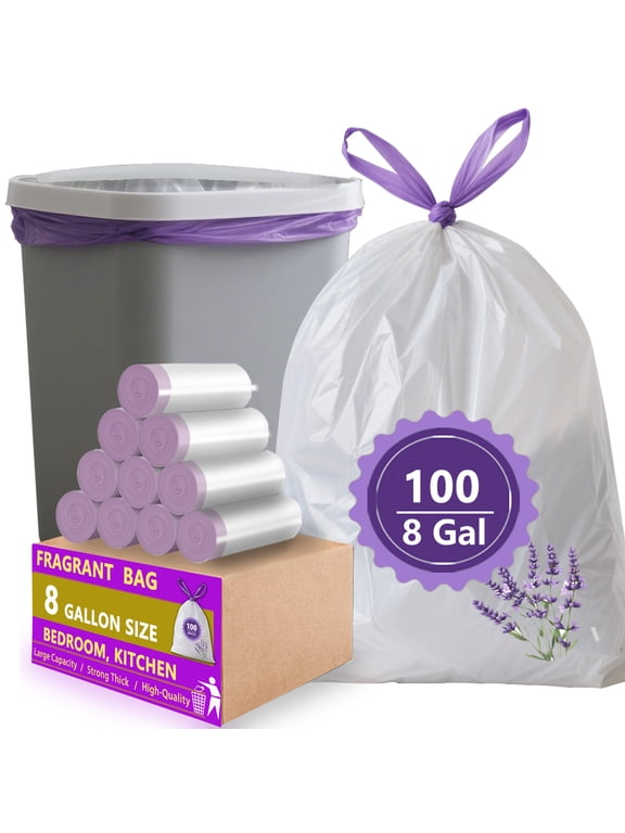 8 Gallon Trash Bags, 100 Count, Lavender Scented Drawstring Bags, White