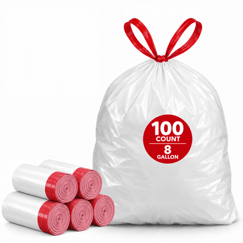 8 Gallon Trash Bags, 100 Count, White Garbage Bags with Red Drawstrings for 6-10 Gallon Cans, Kitchen, Office, Bedroom, Bathroom