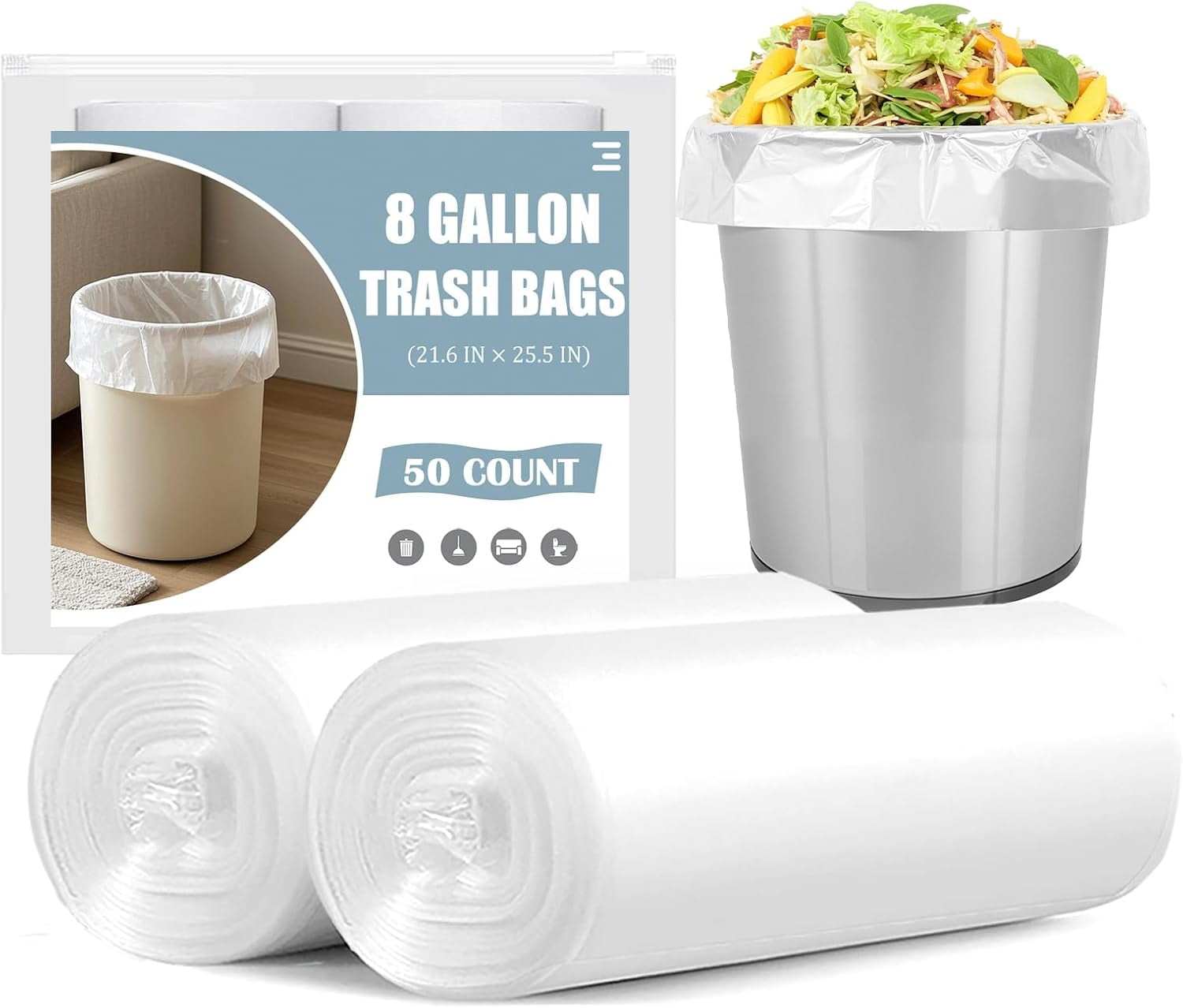 8 Gallon Trash Bags - 50 Count 8 Gal Medium Trash Bags, Unscented White ...