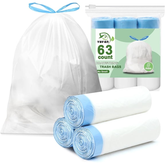 8 Gallon Trash Bags Drawstring-63 Count Pre-separated Medium Trash Bags 8 Gallon, White Unscented 8 Gal Garbage Bags for Home Kitchen Bathroom