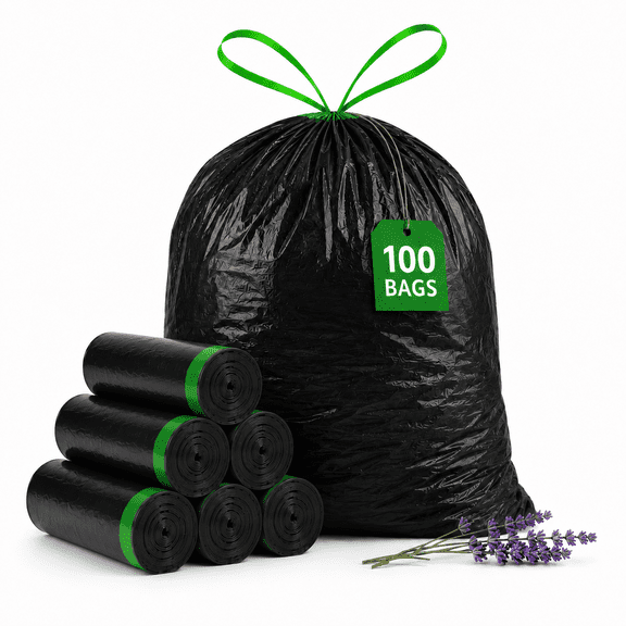 8 Gallon Trash Bags Lavender Scented (100 Count), Black Drawstring Garbage Bags for 6-8 Gallon Cans, Tear Resistant Small Trash Bags for Kitchen, Bathroom, Office Waste Odor Control