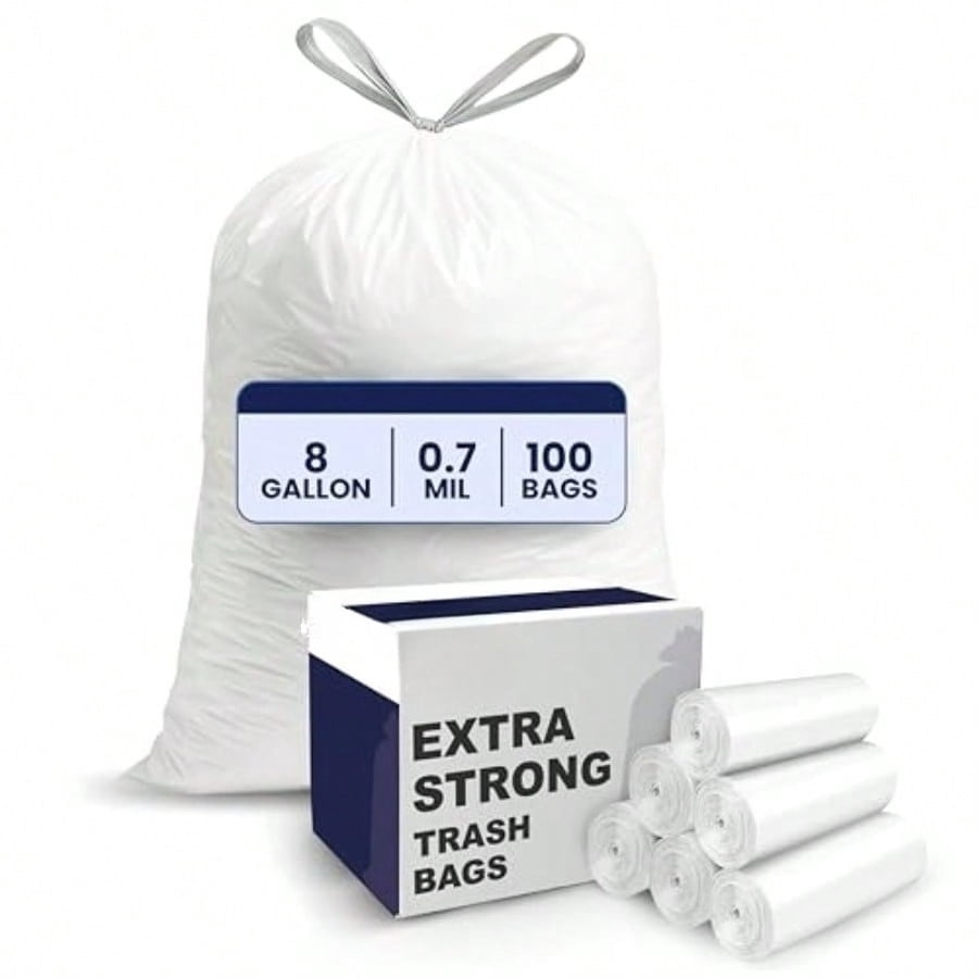 8 Gallon Trash Bags: Premium White Drawstring Garbage Bag, 0.7 Mil Thickness, Durable Trash Can Liners, Garbage Bags for your Trash Can, Ring Size 22" x 22" (Pack of 100)