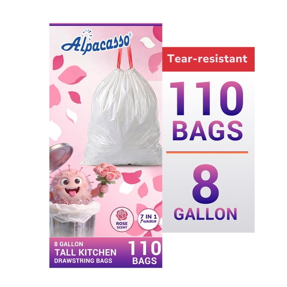 8 Gallon Trash Bags Rose Scented (110 Count), Tall Kitchen Drawstring Garbage Bags ,6-8 Gallon  Garbage Bags (White)