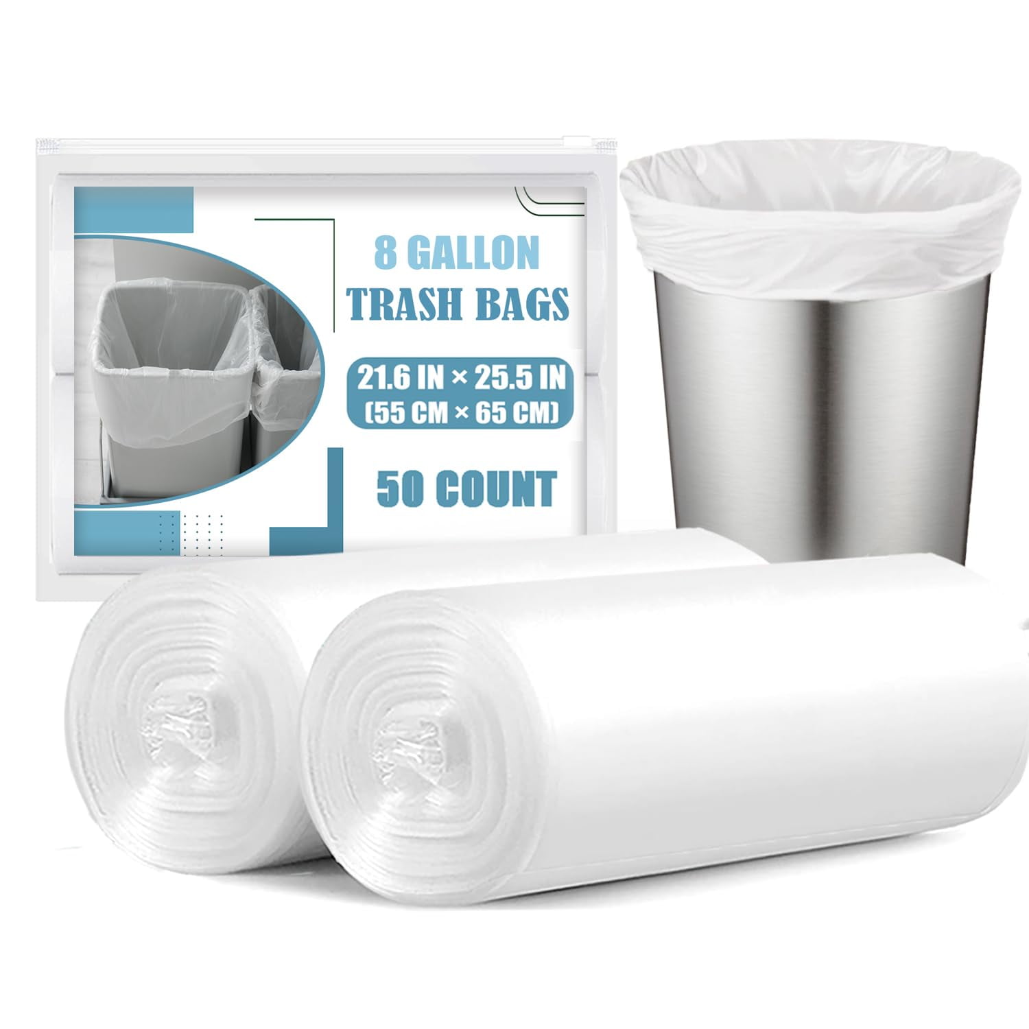 8 Gallon Trash Bags TSF6- 50 Count 8 Gal Medium Trash Bags, Unscented White 8 Gallon Garbage Bags