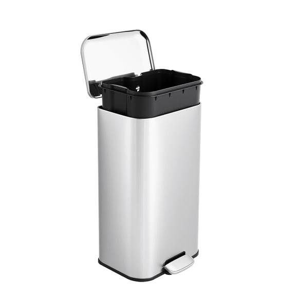 8 Gallon Trash Can with Lid, 30L Fingerprint Proof Stainless Steel Kitchen Trash Can with Removable Inner Bucket and Lid Soft Close, Pedal Rubbish Binfor Home, Kitchen, Office（Silver）