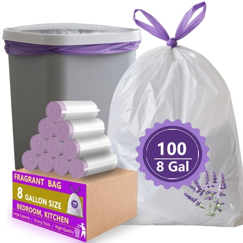 8 Gallon White Trash Bags with Lavender Scent, 100 Count,  6-8 Gallon Cans, Odor Control & Tear Resistant for Kitchen, Bathroom, Office Waste