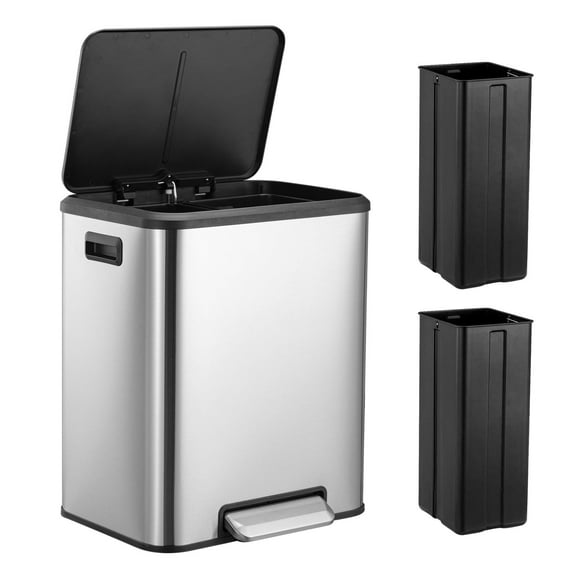 8 Gallons/30 L Dual Compartment Trash Can, Stainless Steel Garbage Can with Soft-Close Lid and Two Removable Inner Bucket
