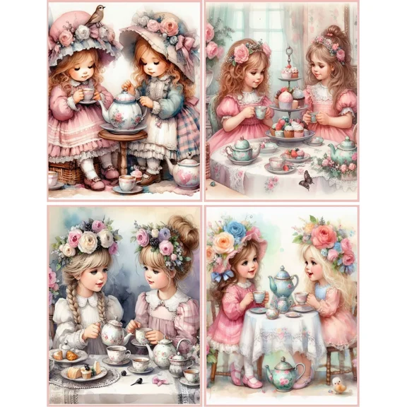 8 Girl Tea Party Invitation Shabby Chic Fantasy Glossy Blank Note Card Envelopes