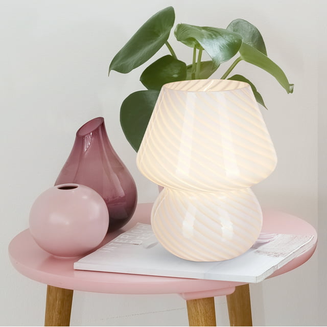 8" Glass Mushroom Lamp, White Stripe, Glossy Finish