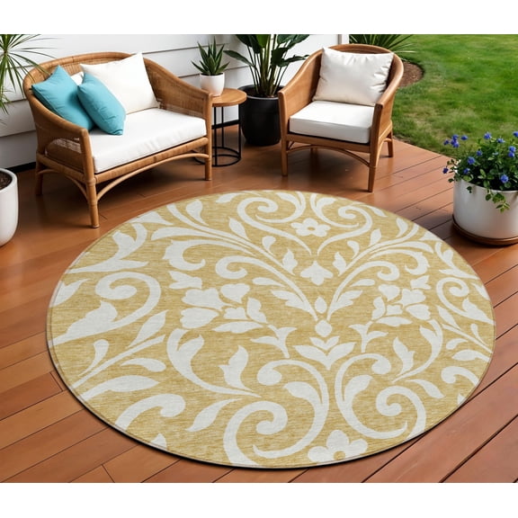 8' Gold And Beige Round Floral Washable Indoor Outdoor Area Rug