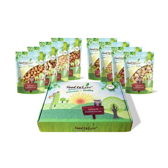 8 Gourmet Variety Healthy Snack Bags of Raw Nuts in a Gift Box - Brazil Nuts, Almonds, Macadamia Nuts, Cashew, Walnuts, Hazelnuts, Pecans, Pine Nuts - by Food to Live
