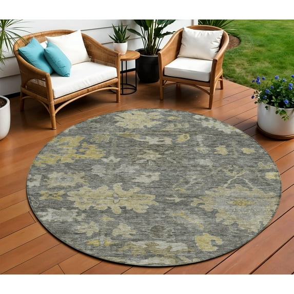 HomeRoots 604128 8 ft. Gray & Charcoal Round Floral Washable Indoor & Outdoor Area Rug