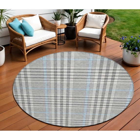 HomeRoots 601484 8 ft. Gray, Blue & Beige Round Plaid Washable Indoor & Outdoor Area Rug