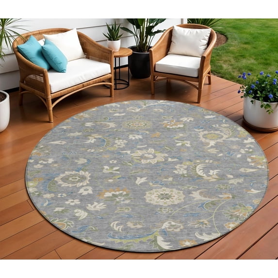 HomeRoots 597814 8 ft. Gray, Blue & Green Round Floral Washable Indoor & Outdoor Area Rug