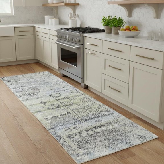 8' Green And Gray Abstract Runner Rug