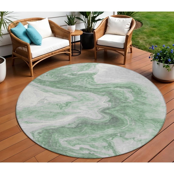 HomeRoots 618330 8 ft. Green & Silver Round Abstract Washable Indoor & Outdoor Area Rug
