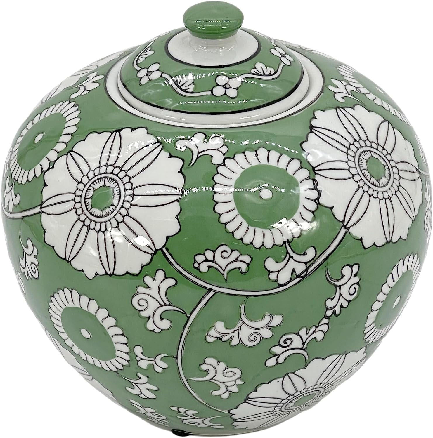 8" Green Floral Chinoiserie Jar w/Lid Decorative Ginger Jar Centerpiece Tea Storage Candy Jar ...