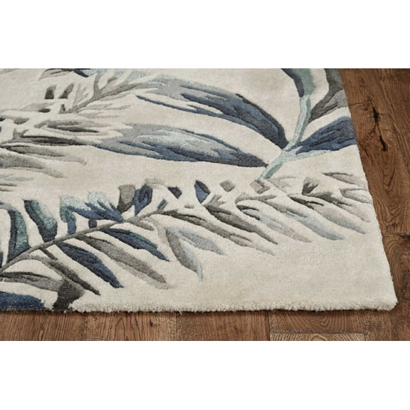 8' Grey Blue Hand Tufted Tropical Leaves Indoor Runner Rug