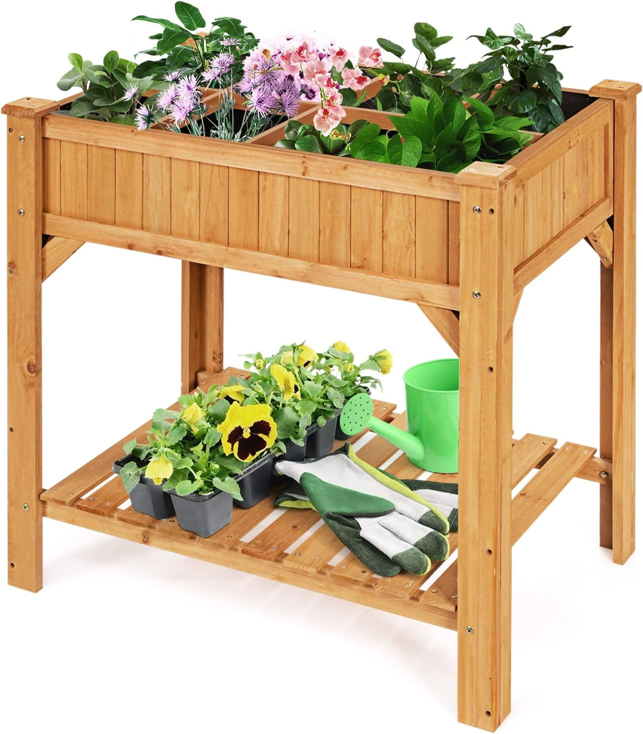8Grid Raised Garden Bed, 36” Elevated Wood Planter Box with Liner & Shelf, Removable Divider