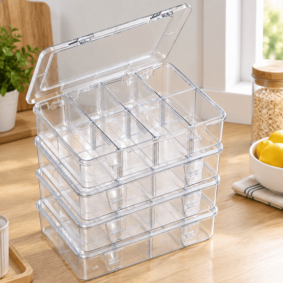 8 Grids Plastic Organizer Box with Adjustable Dividers, 4 Pack