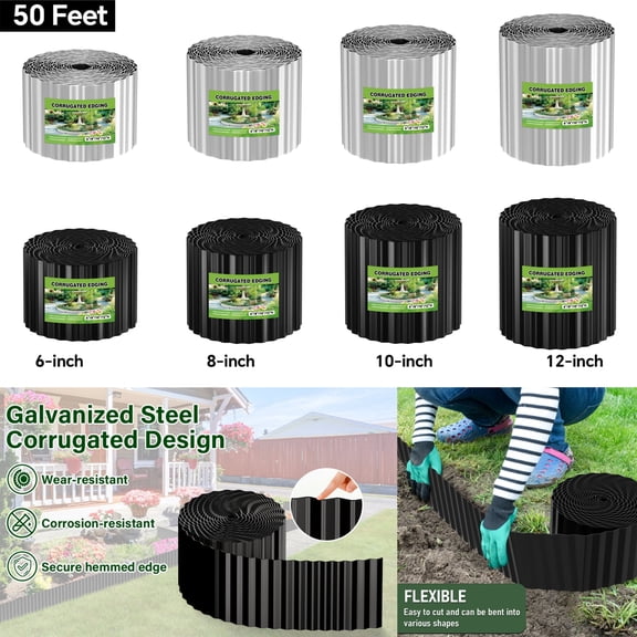 8"H x 50FT Garden Landscape Edging Border Galvanized Sturdy Metal Hemmed DIY Edging for Landscaping Lawn Flower Beds Patio Pathway Divider Design, Black