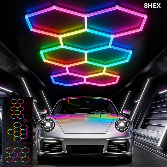 8 HEX Grid Honeycomb Grid Systems Linkable Ceiling Lights for Warehouse/ Car Detailing Shop/ Work Shop/ Auto Beauty Shop/ Barber/ Pub/ Club/ Gym, RGB LED Hexagon High Brightness Garage Light