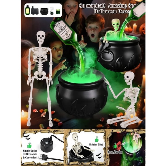 8" Halloween Decorations Indoor - Cauldron Halloween Decor With Magic Floating Potion Bottles And Diffuser, Black Plastic Witches Bowl Party Decoration For Spooky Vintage Home Kitchen Table