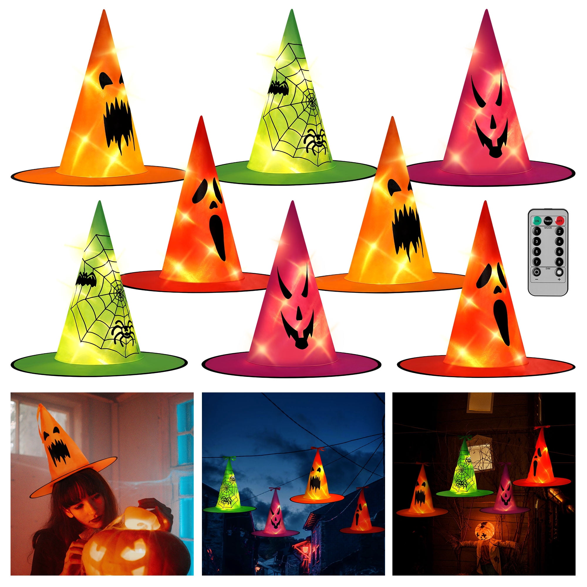 8 Halloween Hanging Light-Emitting Witch Hat Decorative Lights, Operated