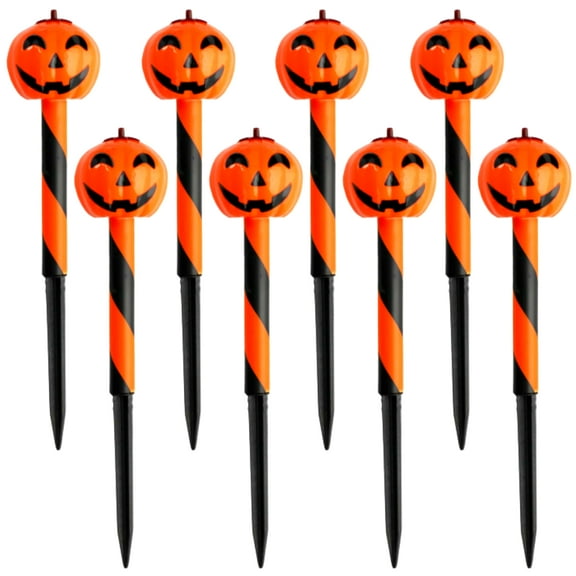 (8) Halloween Pumpkin Solar Stake Light, 13x2.3-in. Solar-Powered LED Pathway Porch Driveway Lantern Easy Install Garden Lights Decor Haunted House Patio Yard Props Set & CUSTOM Storage Carrier