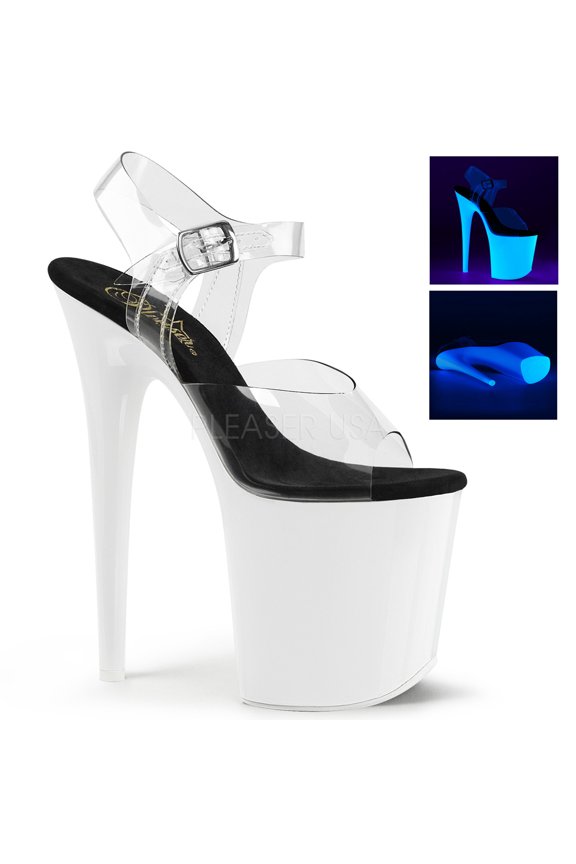 8" Heel, 4" PF  Ankle Strap Sandal W/Neon UV Reactive BTM - Clr/Neon Wht, 7