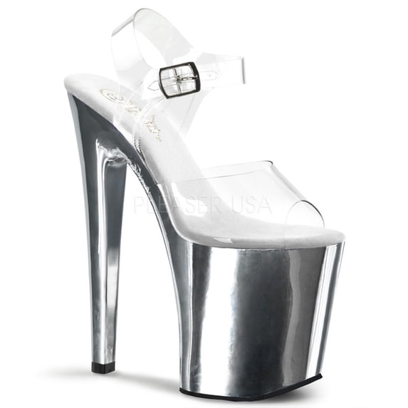 8" Heel, 4" Slv Chrome PF Ankle Strap Sandal - Clr/Slv Chrome, 7