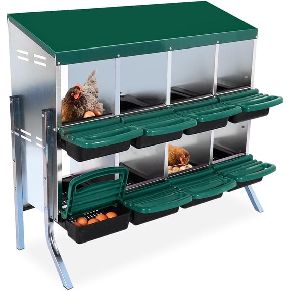 8-Hole Chicken Nesting Box with Lid and Legs Galvanized Steel Roll Away Egg Laying Box with Ventilated Design Easy Clean Poultry Nest Box Green