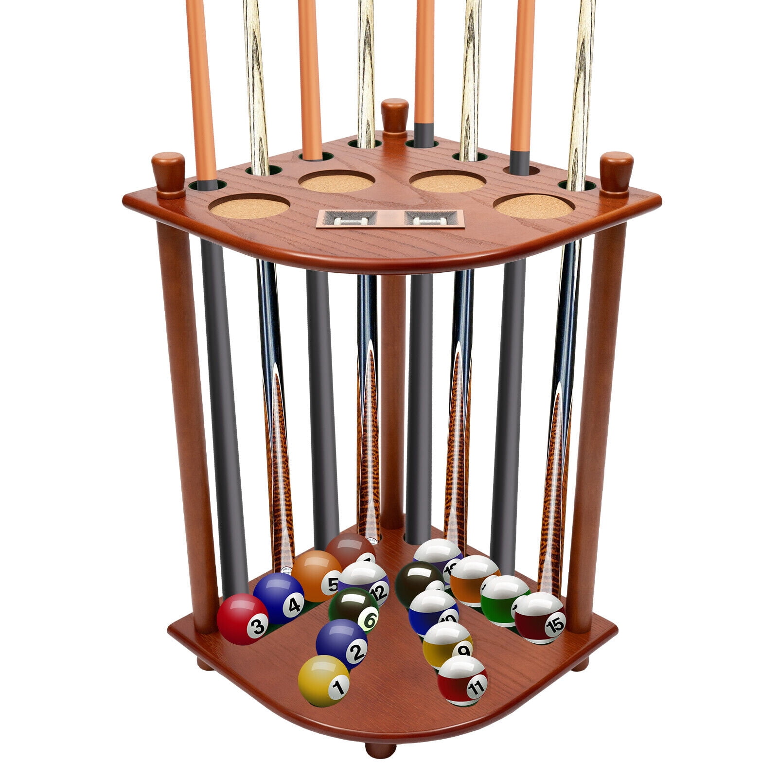8Hole Pool Stick Holder Floor Stand Billiards Pool Cue Rack Oak Solid Wooden Holds 8 Pool Table