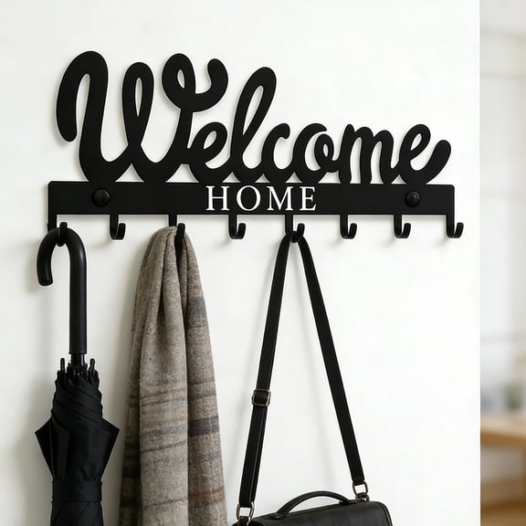 8-Hook Metal Wall Mounted Coat & Hat Rack – Heavy Duty Black “Welcome Home” Decorative Hook Organizer