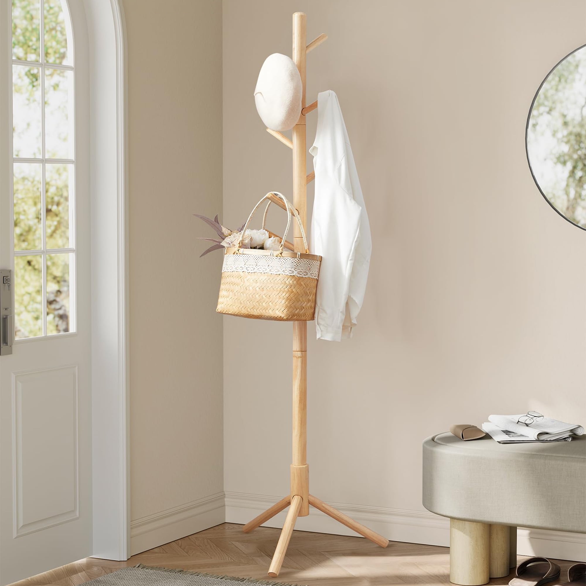 8-Hook Solid Wood Coat Tree, Freestanding Tree-Shaped Rack with 3 ...