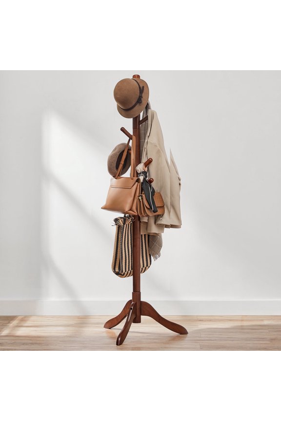 8 Hooks Coat Rack Solid Wood Free Standing Coat Rack with Tree-Shaped Coat Rack 3 Height Options for Clothes Hats Bags for Living Room Bedroom Home Office Dark Walnut