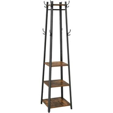 8 Hooks Coat Rack Stand with 3 Shelves Coat Tree for Entryway Bedroom Living Room Rustic Brown and Black