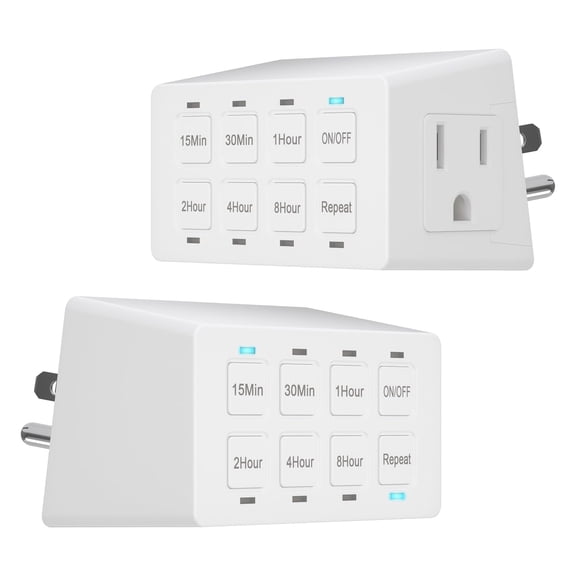8-Hour Indoor Countdown Plug-in Timer, UL Listed Timer for Electrical Outlets, 15-30 Min 1-2-4-8 Hour, for Fans or Lights, 1/4 HP, HET03-W, White, 2 Pack