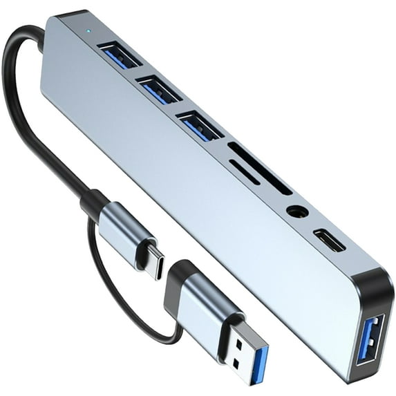 8-IN-2 USB C+USB3.0 Dock 8 Port USB Splitter Extended 3xUSB2.0+1xUSB3.0+1xType C Card Reader Adapter for PC Keyboards