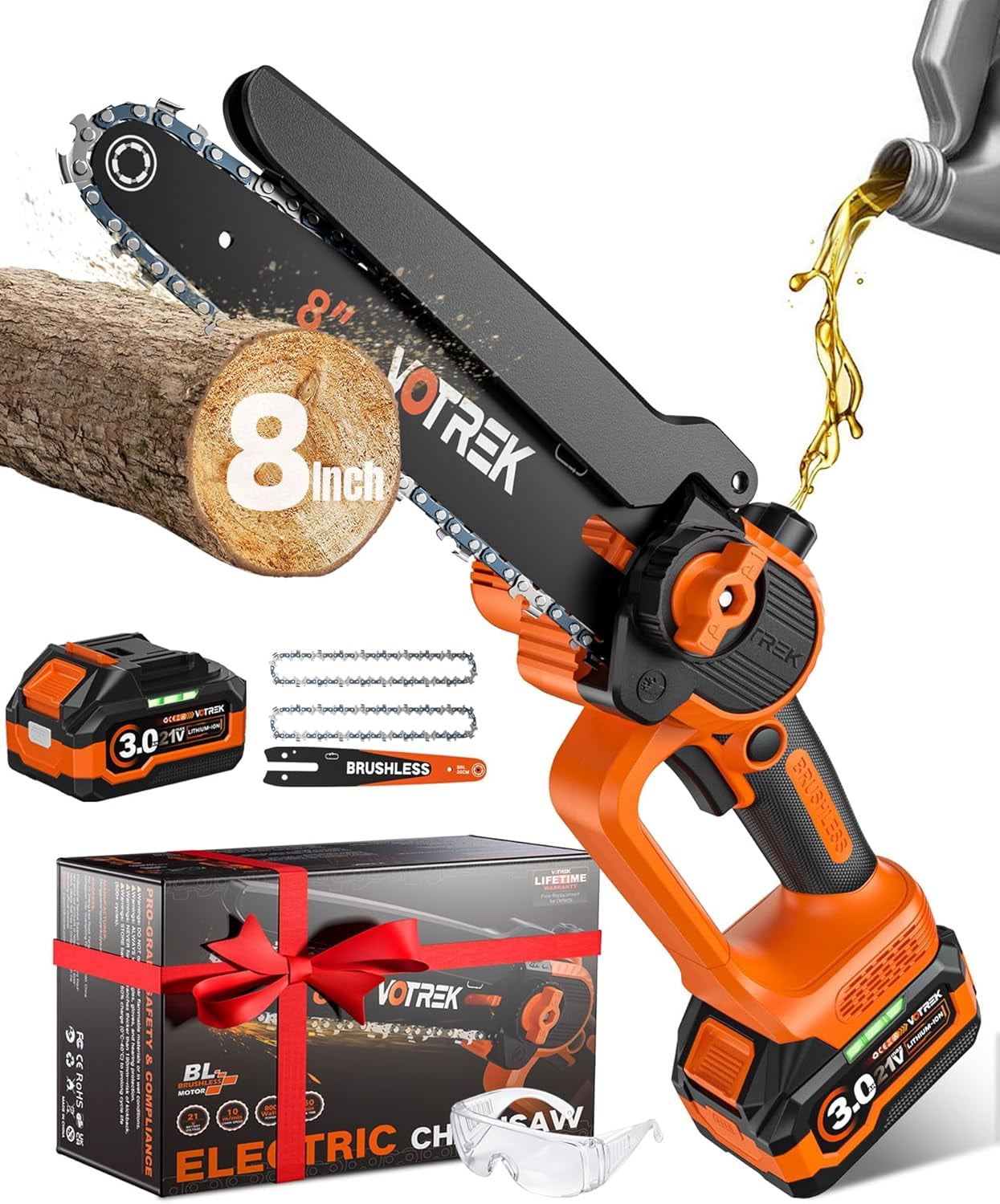 8-INCH Mini Chainsaw Cordless, [3.0AH] Battery Powered Electric Chain ...