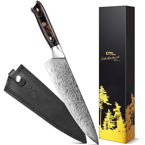 8 INCH Professional Japanese Kitchen Knife with High Carbon Steel Core, Ergonomic Resin Handle, Leather Sheath & Luxury Gift Box - Ideal Gift for Men & Women
